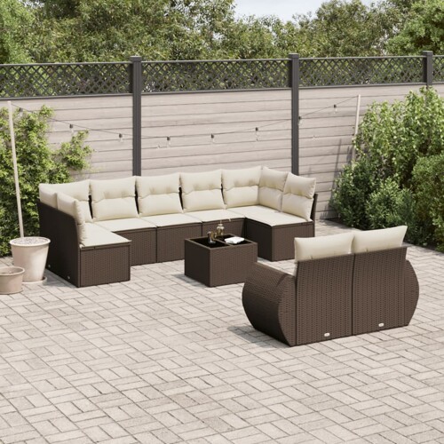 vidaXL 10-dijelni set vrtnih sofa od poliratana s jastucima smeđi