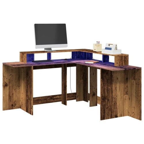 vidaXL Radni stol s LED svjetlima boja starog drva 152x152x91cm drveni