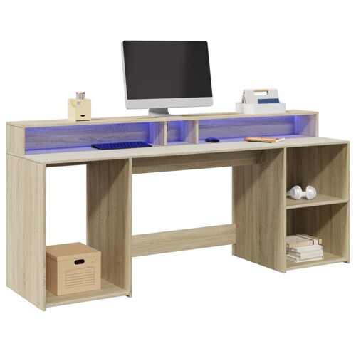 vidaXL Radni stol s LED svjetlima boja hrasta 200 x 55 x 91 cm drveni