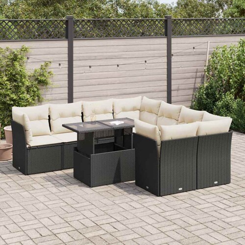 vidaXL 9-dijelni set vrtnih sofa s jastucima crni od poliratana