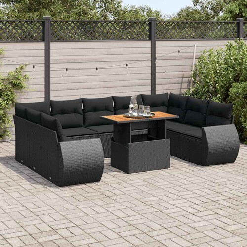vidaXL 10-dijelni set vrtnih sofa s jastucima crni od poliratana