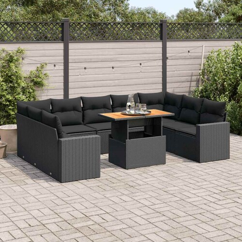 vidaXL 10-dijelni set vrtnih sofa s jastucima crni od poliratana