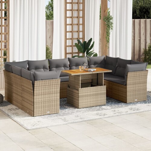vidaXL 10-dijelni set vrtnih sofa s jastucima bež od poliratana