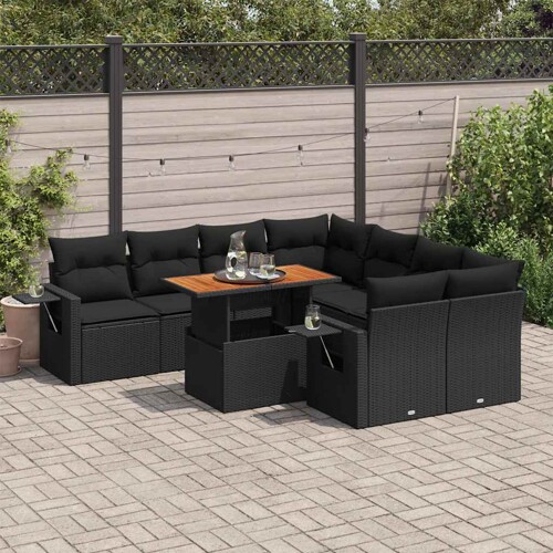 vidaXL 9-dijelni set vrtnih sofa s jastucima crni od poliratana