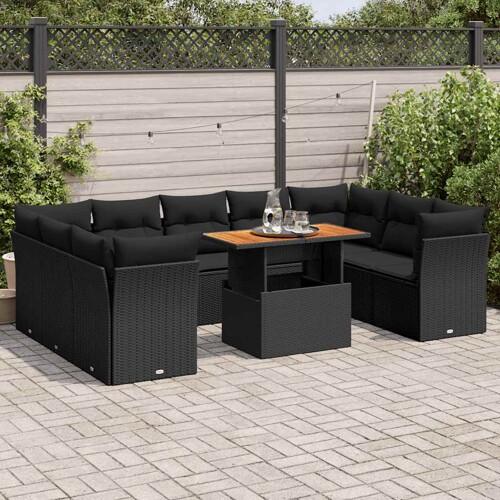 vidaXL 10-dijelni set vrtnih sofa s jastucima crni od poliratana