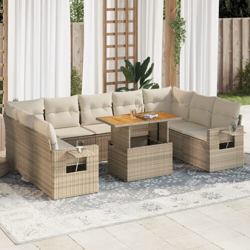 vidaXL 10-dijelni set vrtnih sofa s jastucima bež od poliratana