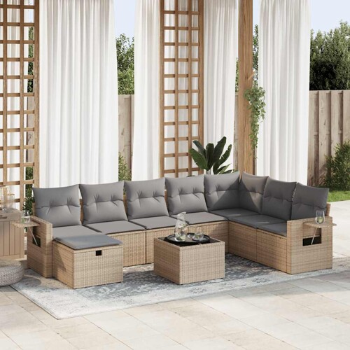 vidaXL 9-dijelni set vrtnih sofa s jastucima bež od poliratana