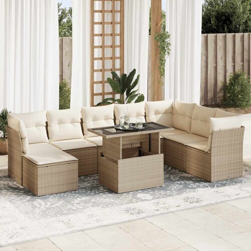 vidaXL 9-dijelni set vrtnih sofa s jastucima bež od poliratana