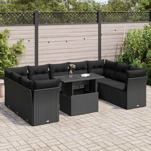 vidaXL 10-dijelni set vrtnih sofa s jastucima crni od poliratana