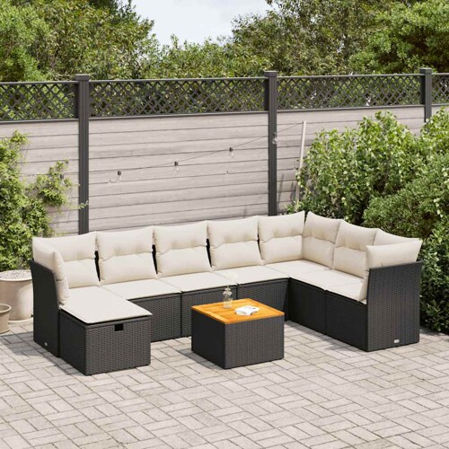 vidaXL 9-dijelni set vrtnih sofa s jastucima crni od poliratana