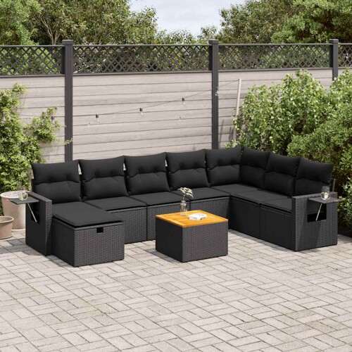 vidaXL 9-dijelni set vrtnih sofa s jastucima crni od poliratana