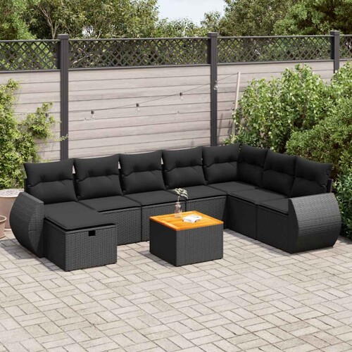 vidaXL 9-dijelni set vrtnih sofa s jastucima crni od poliratana