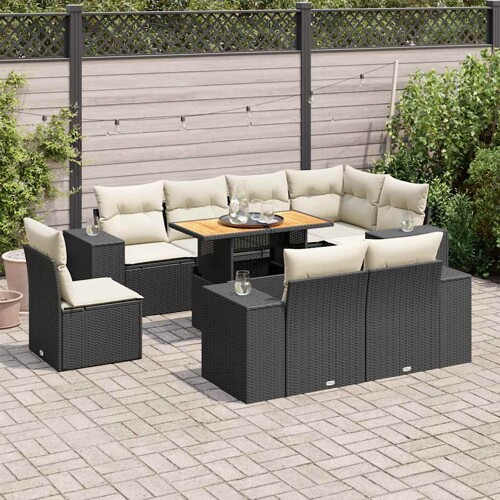 vidaXL 9-dijelni set vrtnih sofa s jastucima crni od poliratana