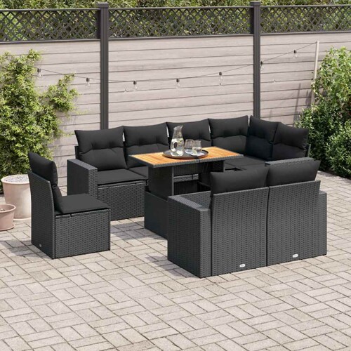 vidaXL 9-dijelni set vrtnih sofa s jastucima crni od poliratana