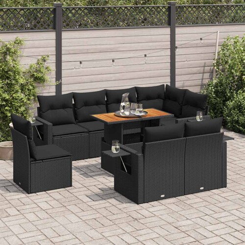 vidaXL 9-dijelni set vrtnih sofa s jastucima crni od poliratana