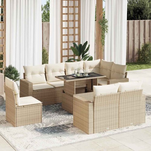 vidaXL 9-dijelni set vrtnih sofa s jastucima bež od poliratana