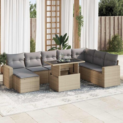 vidaXL 9-dijelni set vrtnih sofa s jastucima bež od poliratana