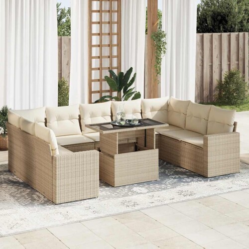 vidaXL 10-dijelni set vrtnih sofa s jastucima bež od poliratana