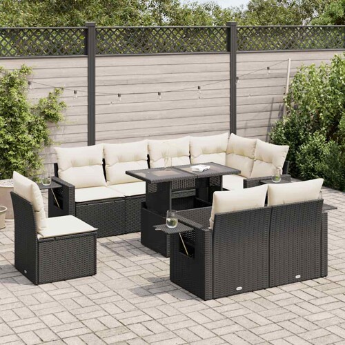 vidaXL 9-dijelni set vrtnih sofa s jastucima crni od poliratana