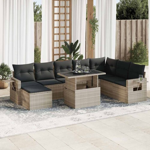 vidaXL 9-dijelni set vrtnih sofa od poliratana s jastucima svjetlosivi