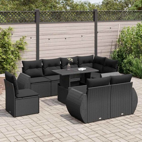 vidaXL 9-dijelni set vrtnih sofa s jastucima crni od poliratana
