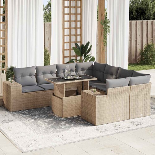 vidaXL 9-dijelni set vrtnih sofa s jastucima bež od poliratana
