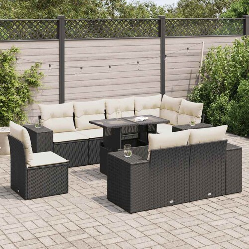 vidaXL 9-dijelni set vrtnih sofa s jastucima crni od poliratana