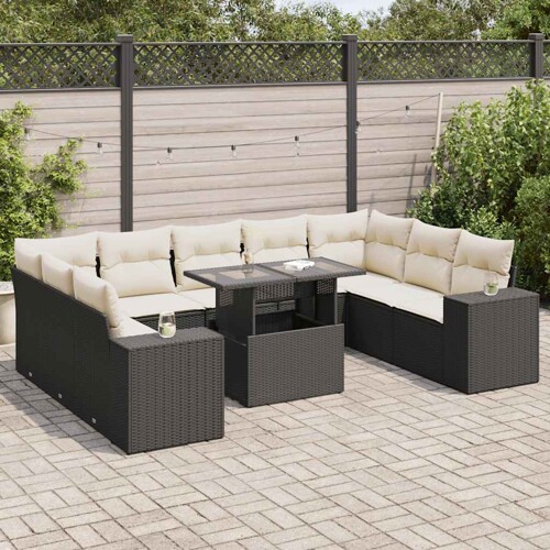vidaXL 10-dijelni set vrtnih sofa s jastucima crni od poliratana