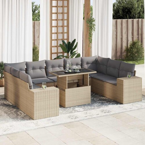 vidaXL 10-dijelni set vrtnih sofa s jastucima bež od poliratana