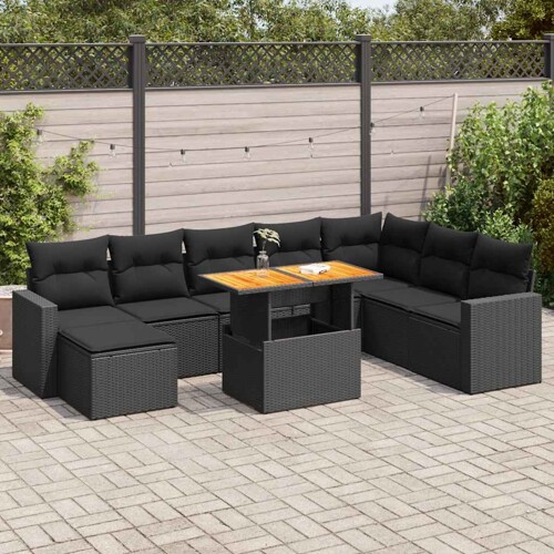 vidaXL 9-dijelni set vrtnih sofa s jastucima crni od poliratana