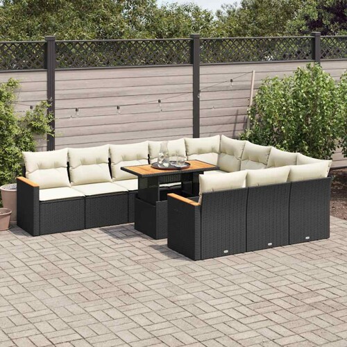 vidaXL 11-dijelni set vrtnih sofa poliratan i bagrem s jastucima crni