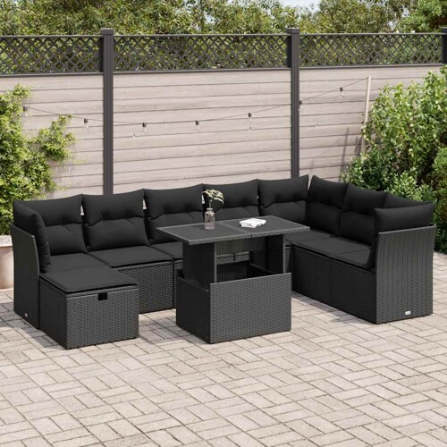 vidaXL 9-dijelni set vrtnih sofa s jastucima crni od poliratana