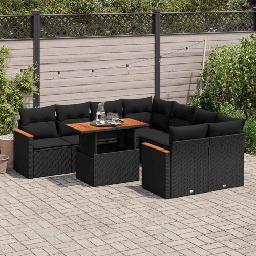 vidaXL 9-dijelni set vrtnih sofa s jastucima crni od poliratana bagrem