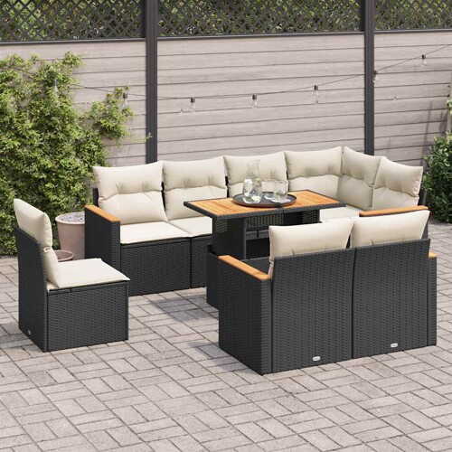 vidaXL 9-dijelni set vrtnih sofa s jastucima crni od poliratana bagrem