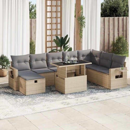 vidaXL 9-dijelni set vrtnih sofa s jastucima bež od poliratana