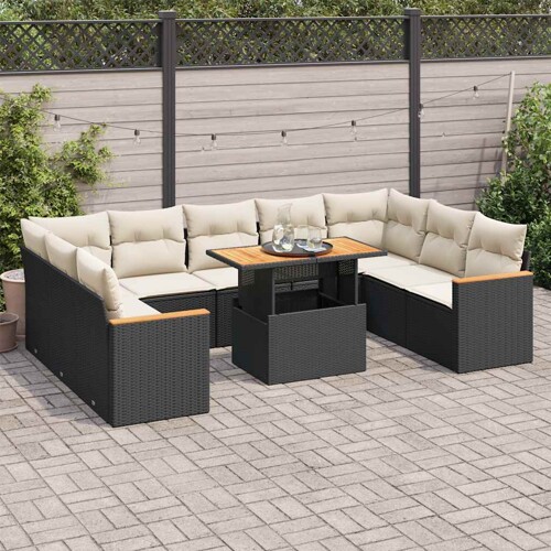vidaXL 10-dijelni set vrtnih sofa s jastucima crni poliratana bagrem