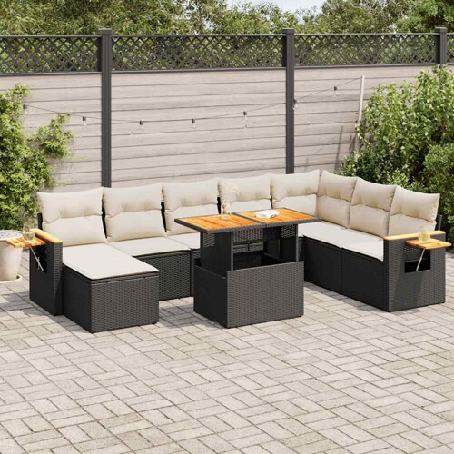 vidaXL 9-dijelni set vrtnih sofa s jastucima crni od poliratana bagrem