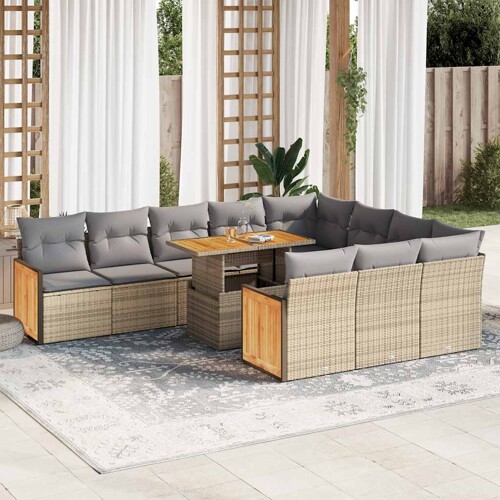 vidaXL 11-dijelni set vrtnih sofa od poliratana s jastucima bež bagrem