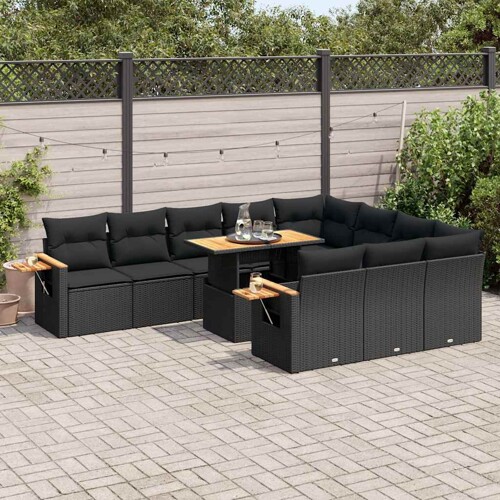 vidaXL 11-dijelni set vrtnih sofa poliratan i bagrem s jastucima crni