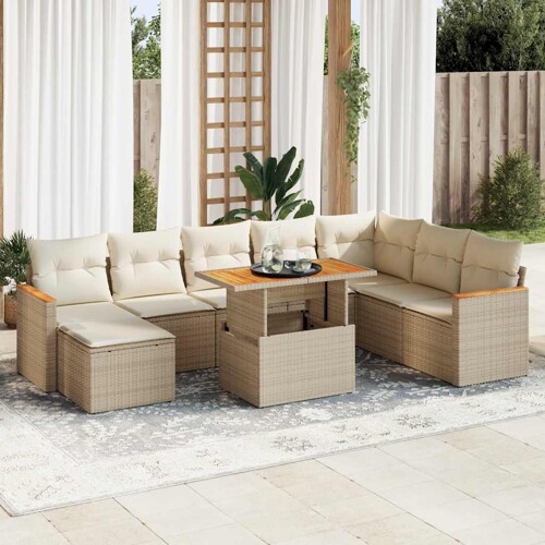 vidaXL 9-dijelni set vrtnih sofa s jastucima bež od poliratana bagrem