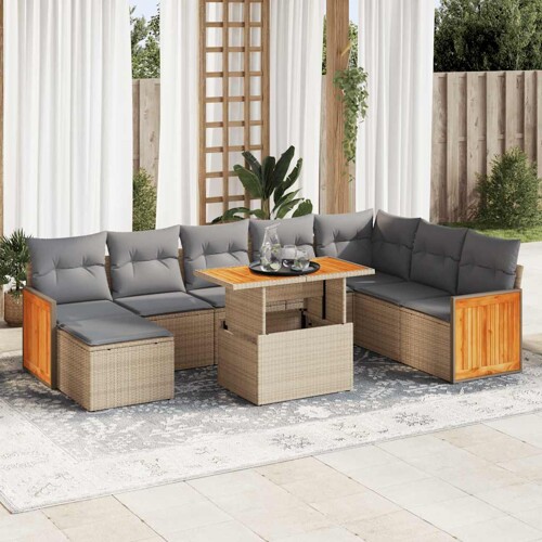 vidaXL 9-dijelni set vrtnih sofa s jastucima bež od poliratana bagrem