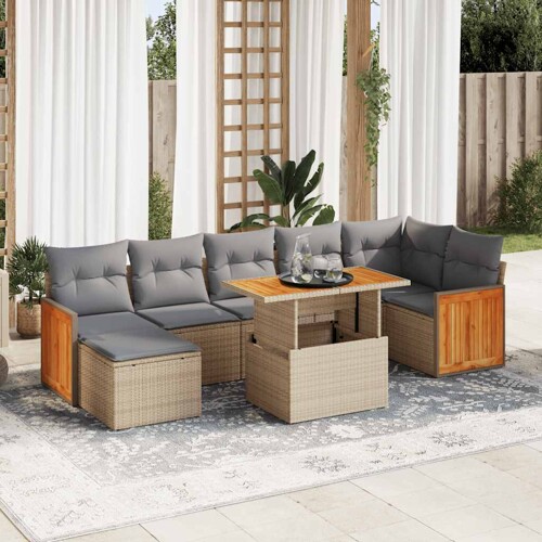 vidaXL 8-dijelni set vrtnih sofa od poliratana s jastucima bež bagrem