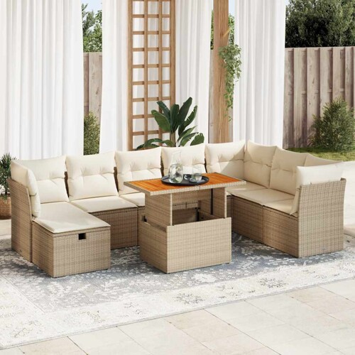 vidaXL 9-dijelni set vrtnih sofa s jastucima bež od poliratana bagrem