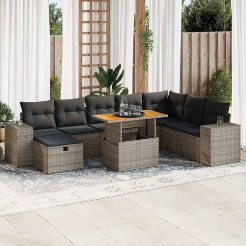 vidaXL 9-dijelni set vrtnih sofa poliratan i bagrem s jastucima sivi