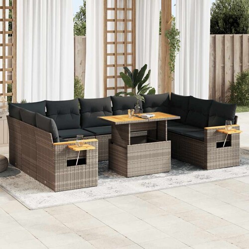 vidaXL 10-dijelni set vrtnih sofa poliratan i bagrem s jastucima sivi
