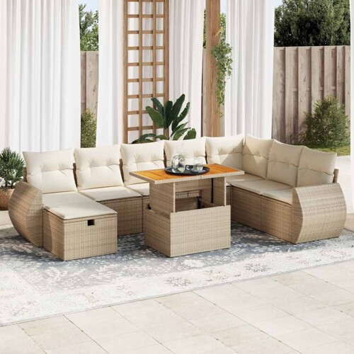 vidaXL 9-dijelni set vrtnih sofa s jastucima bež od poliratana bagrem