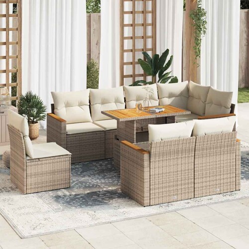 vidaXL 9-dijelni set vrtnih sofa s jastucima bež od poliratana bagrem