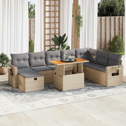vidaXL 9-dijelni set vrtnih sofa s jastucima bež od poliratana bagrem