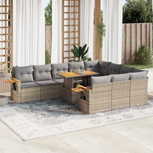 vidaXL 11-dijelni set vrtnih sofa od poliratana s jastucima bež bagrem