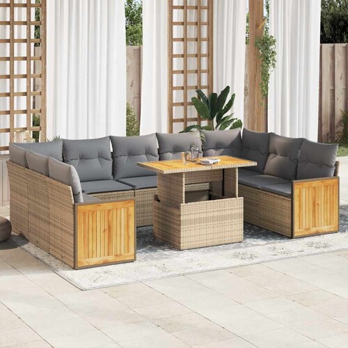 vidaXL 10-dijelni set vrtnih sofa s jastucima bež od poliratana bagrem